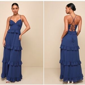 LULU's Prom Wedding Boho Romantic Ruffle Corset Tie Back Maxi Dress  NWOT